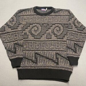 Vintage Checkpoint Sweater Mens Large Black Gray Geometric Knit Made‎ USA 90s